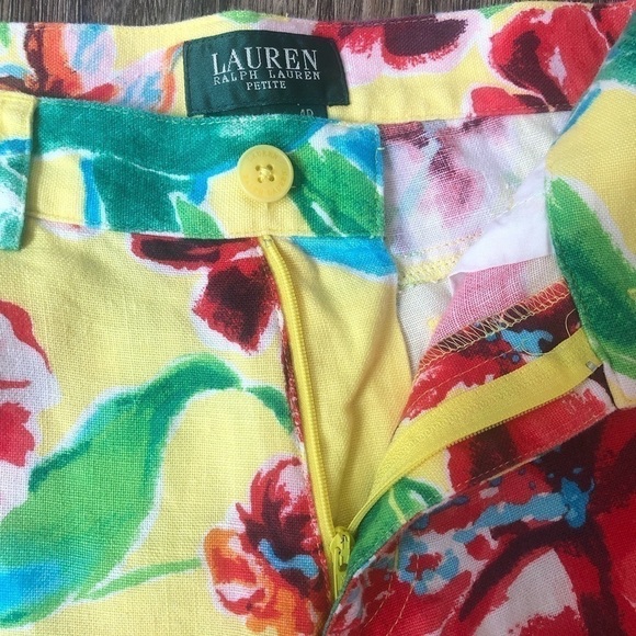Lauren Ralph Lauren Linen Butter Yellow Floral Cropped Pants - Picture 3 of 11